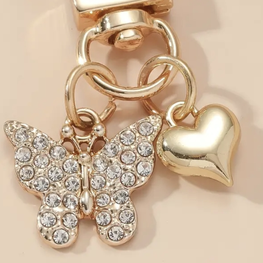 Butterfly Rhinestone & Gold Heart Bag Charm, Keychain, or Zipper Pull - Picture 3 of 5